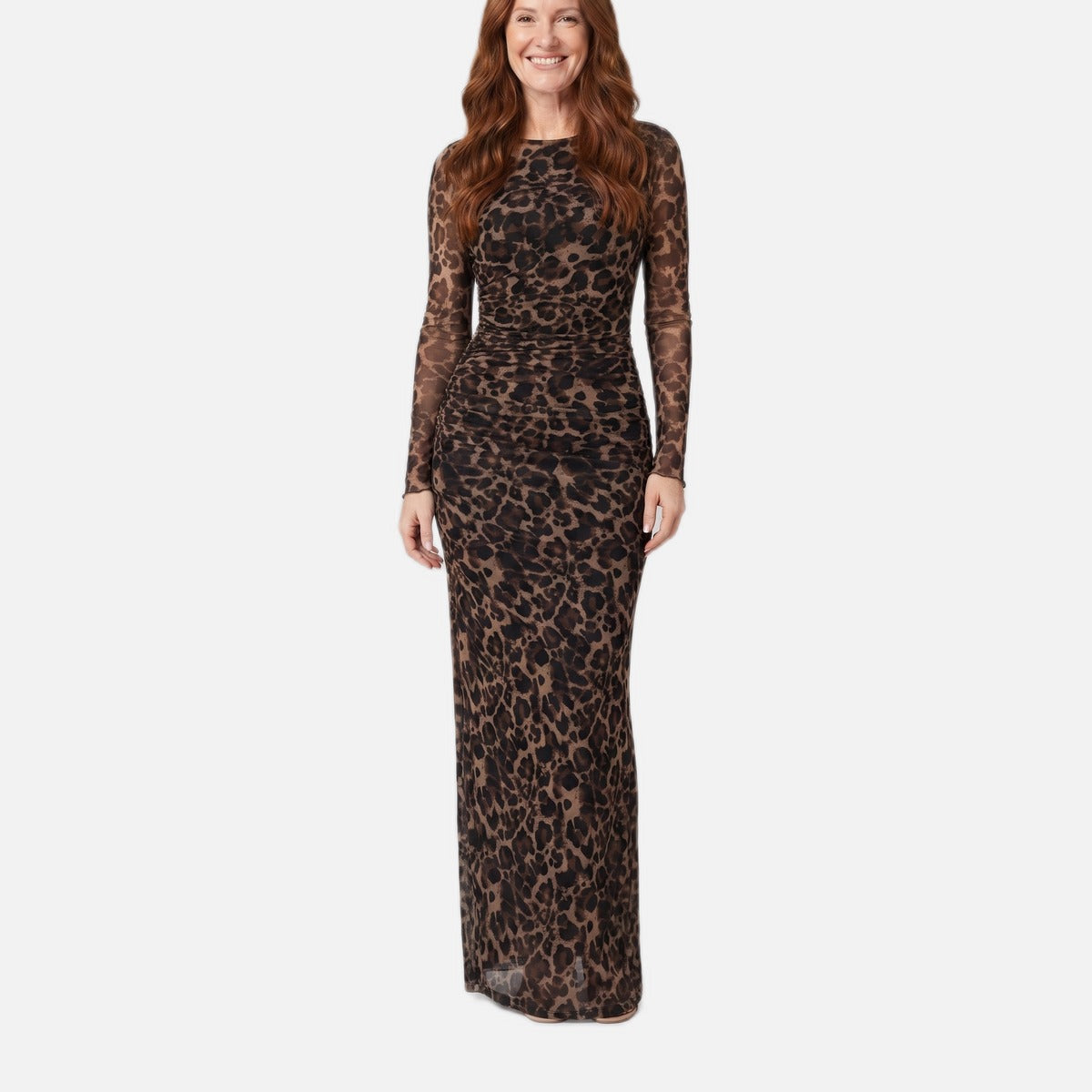 Women's Leopard Print Gown – Stretch Mesh, Long Sleeve