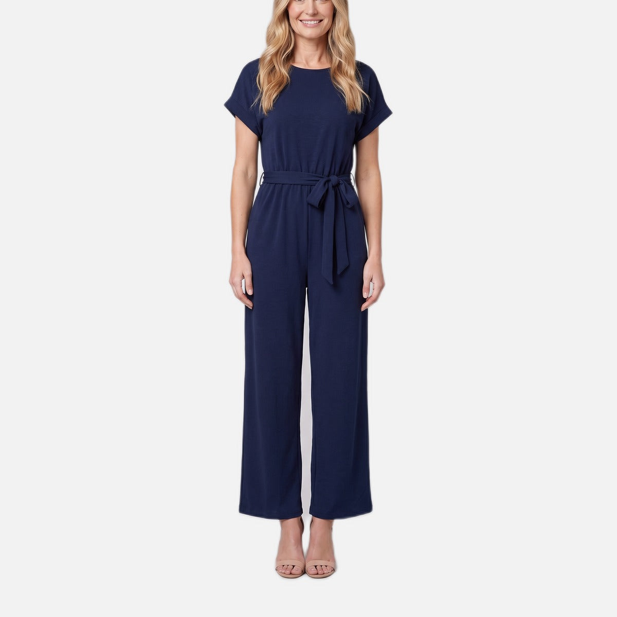 Women's Jumpsuit – Navy Wide-Leg, Self-Tie Waist
