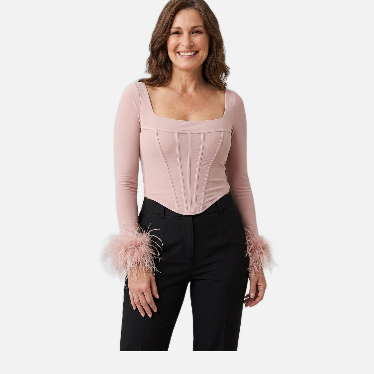 Women's Corset Top – Feather Cuffs, Square Neckline