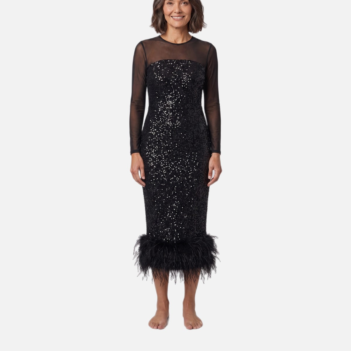 Women's Midi Dress – Sequin Embellished, Feather Hem