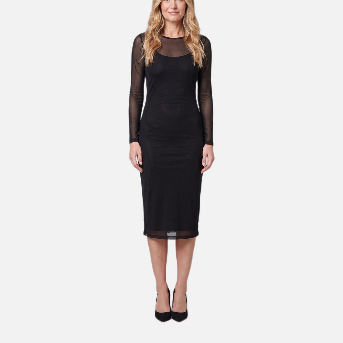 Women's Bodycon Dress – Sheer Mesh, Long Sleeve Midi