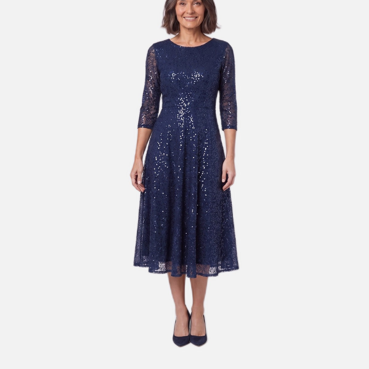 Women's Lace Dress – Sequin Embellished, Tea-Length