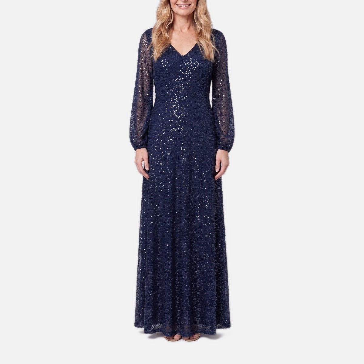 Women's Evening Gown – Navy Sequin A-Line, Floor-Length