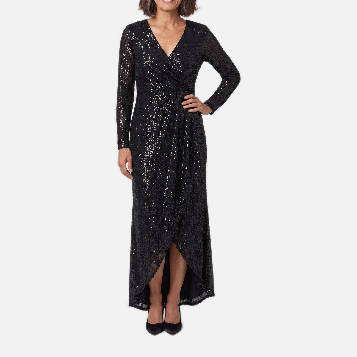 Women's Sequin Gown – Wrap V-Neck, Asymmetric Ruffled Hem