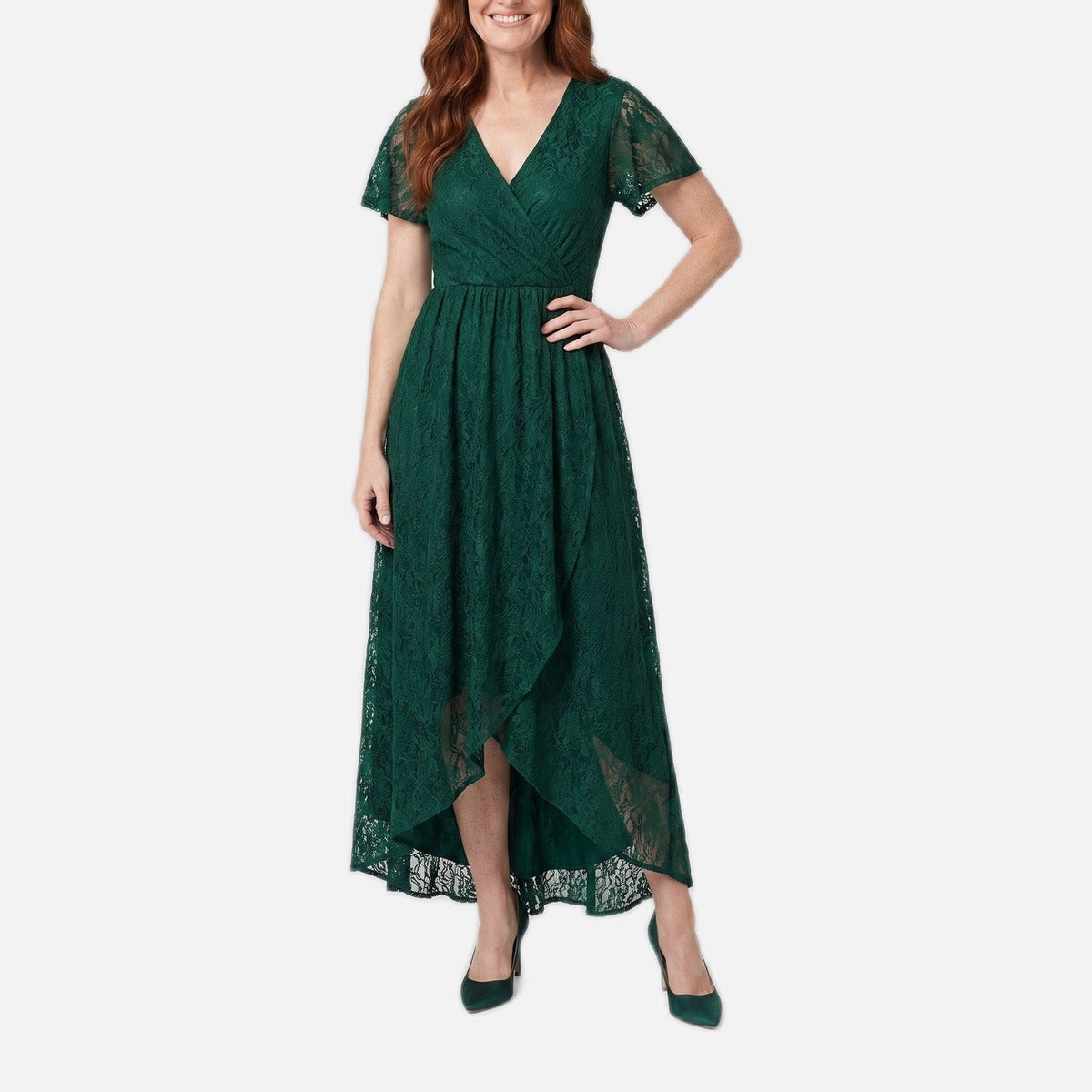Women's Lace Gown – Pleated Ruffle, V-Neck, High-Low Hem