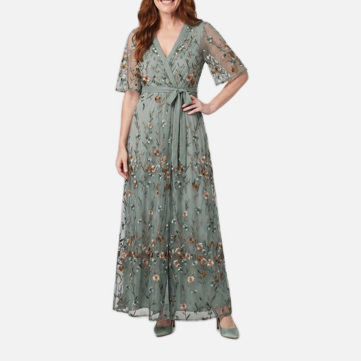 Women's Evening Gown – Sheer Floral Embroidery, V-Neck