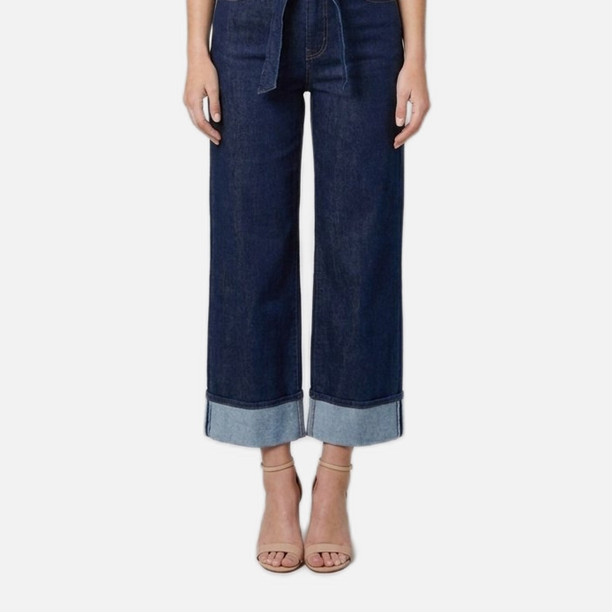 Women's Turn-Up Wide Leg Jeans – High Waist, Tie Belt