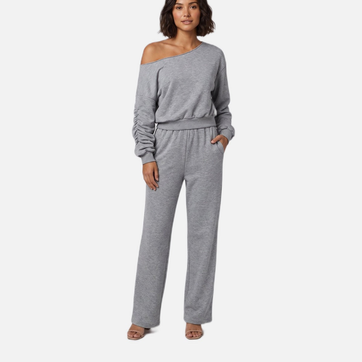 Women's Jersey Lounge Set – Off-Shoulder Top, Wide Leg