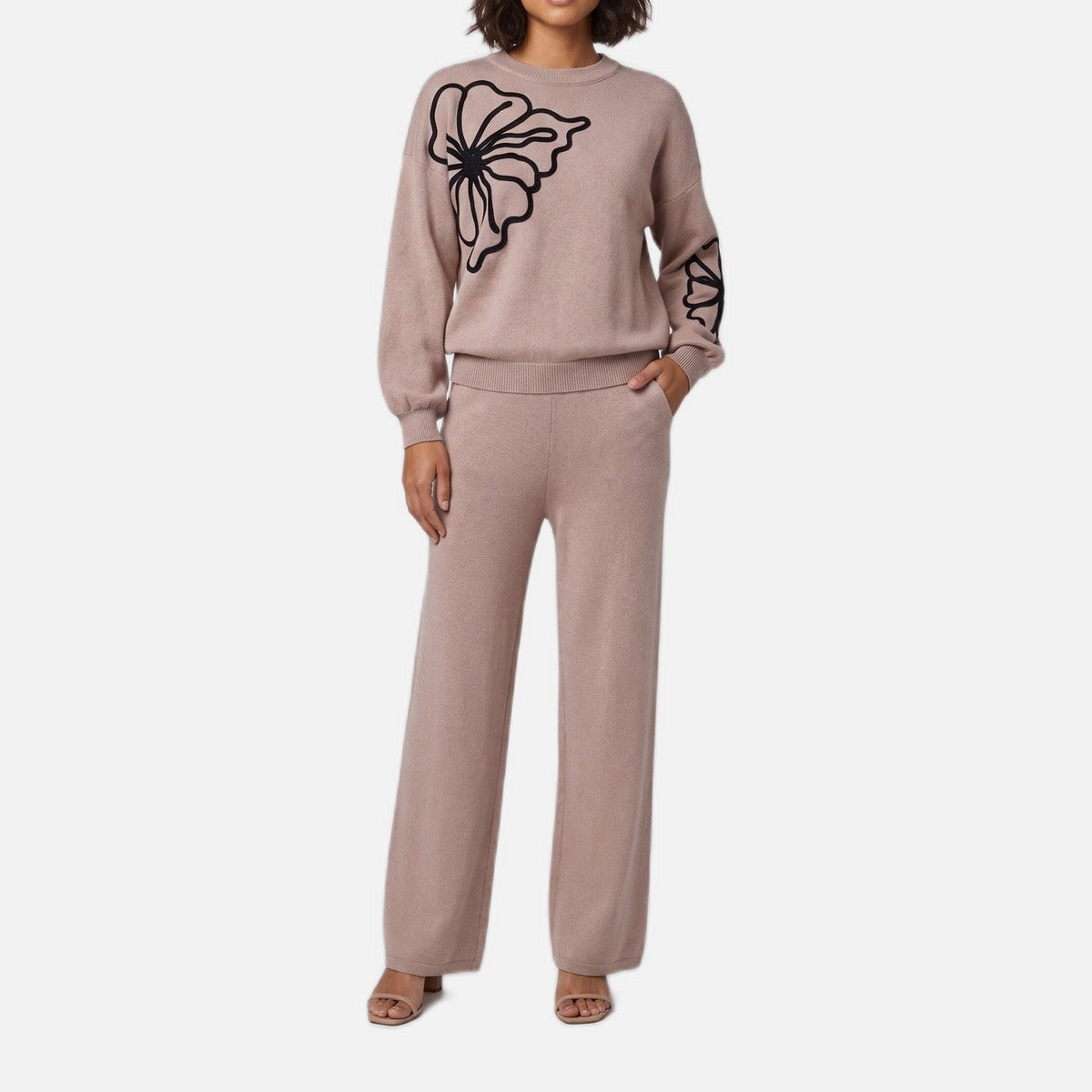 Women's Knit Lounge Set – Floral Outline, Wide Leg