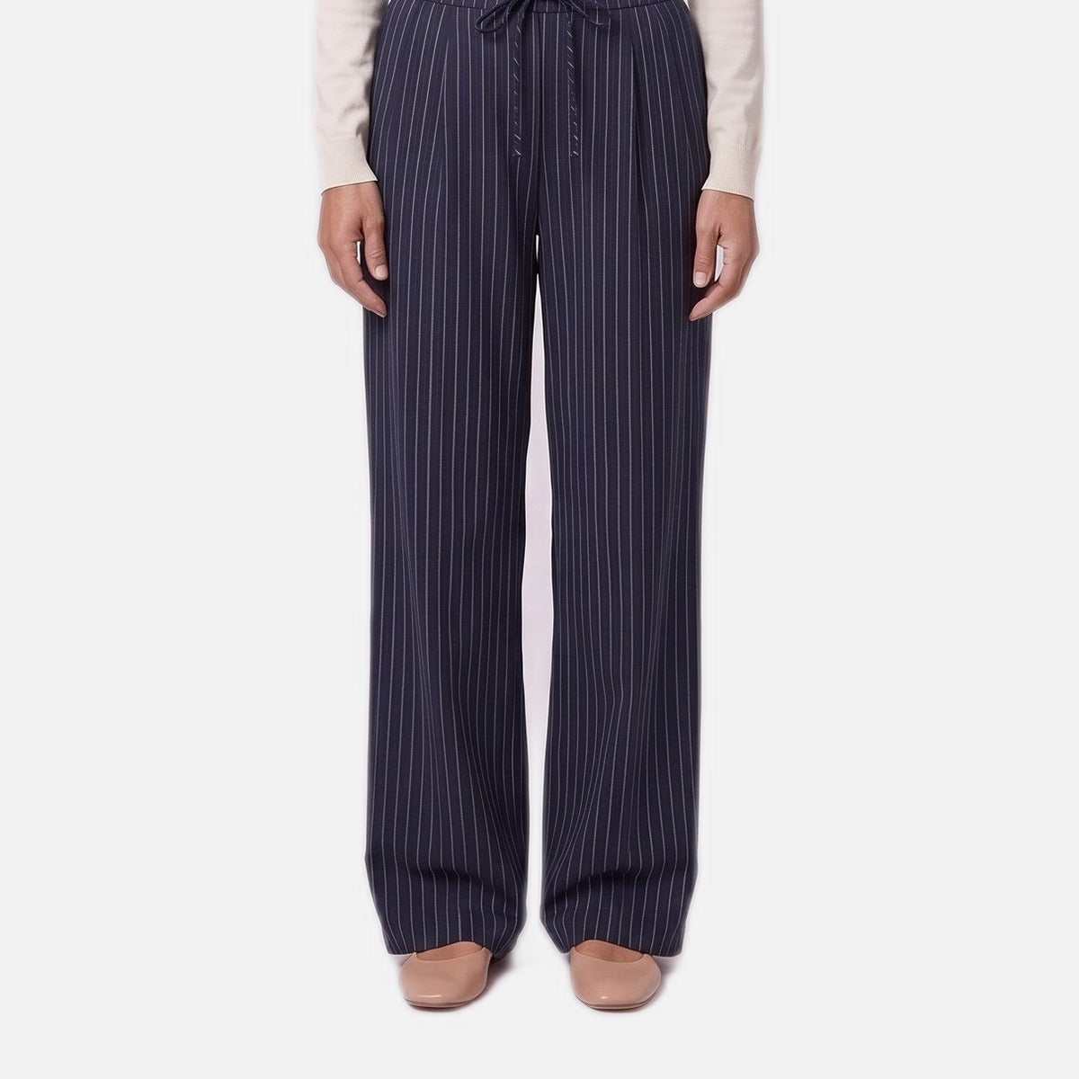 Women's Pinstripe Trousers – Wide Leg, Drawstring Waist