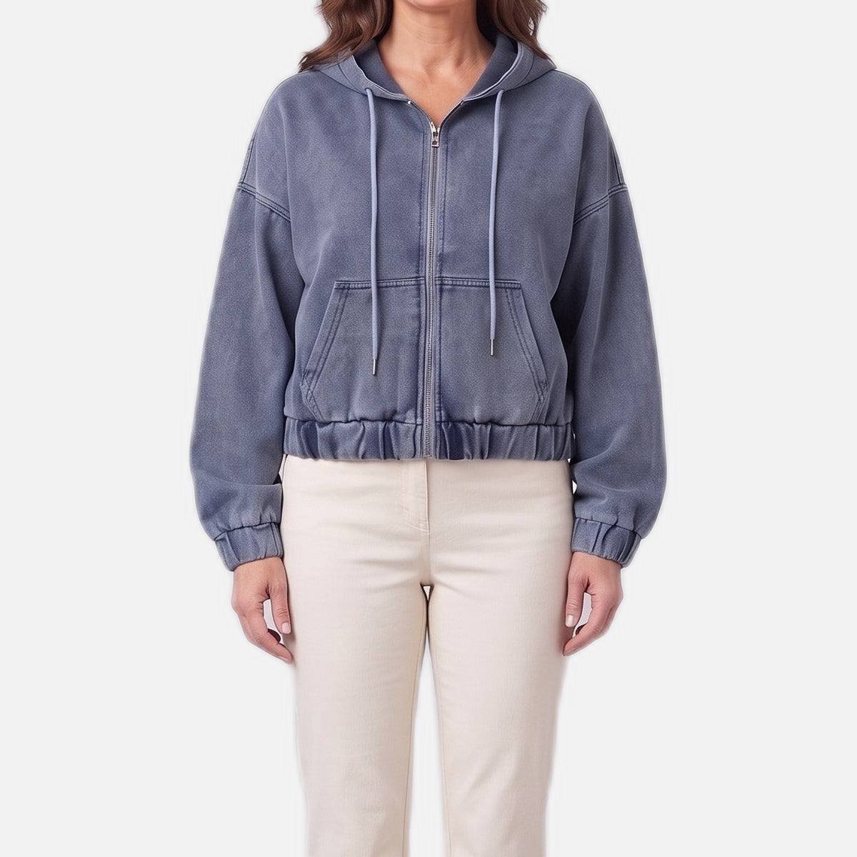 Women's Cropped Denim Hoodie – Drawcord Hem, Zip Front