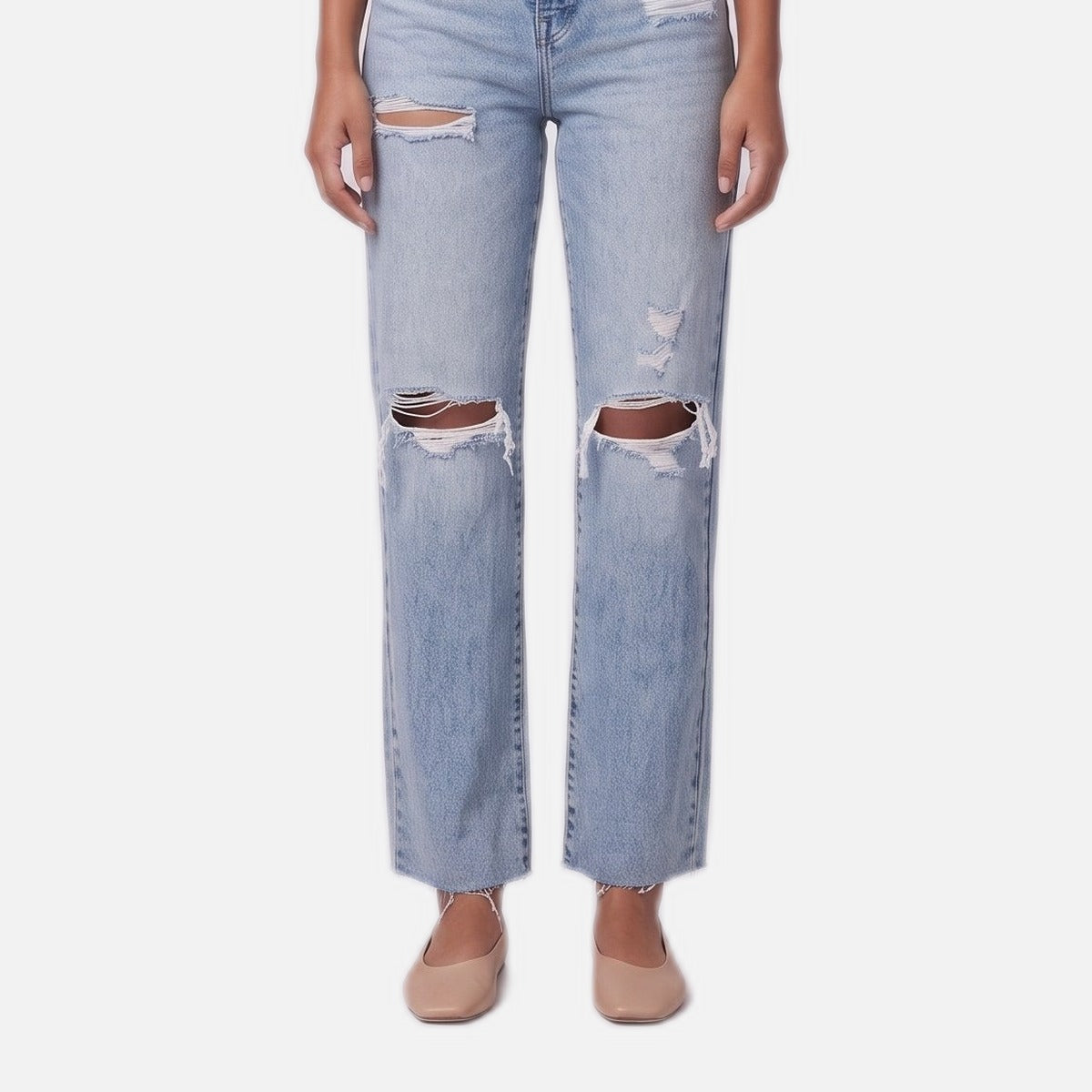Women's Distressed Jeans – High-Rise Straight, Raw Hem