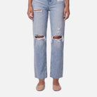 Women's Distressed Jeans – High-Rise Straight, Raw Hem