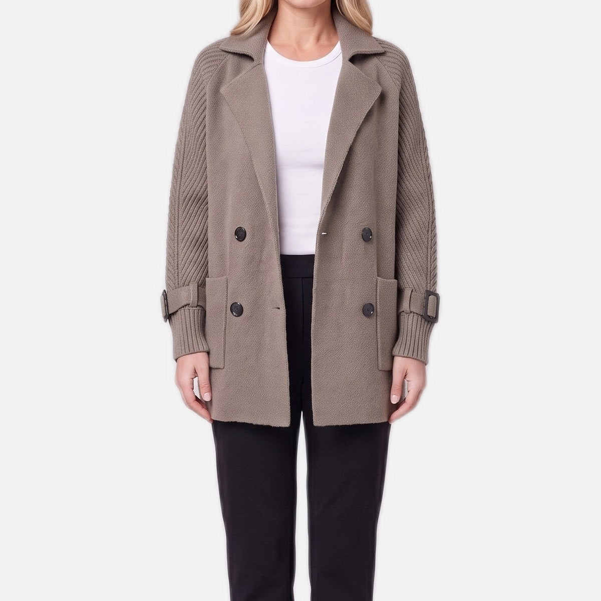 Women's Knit Coat – Double-Breasted, Cable Sleeves