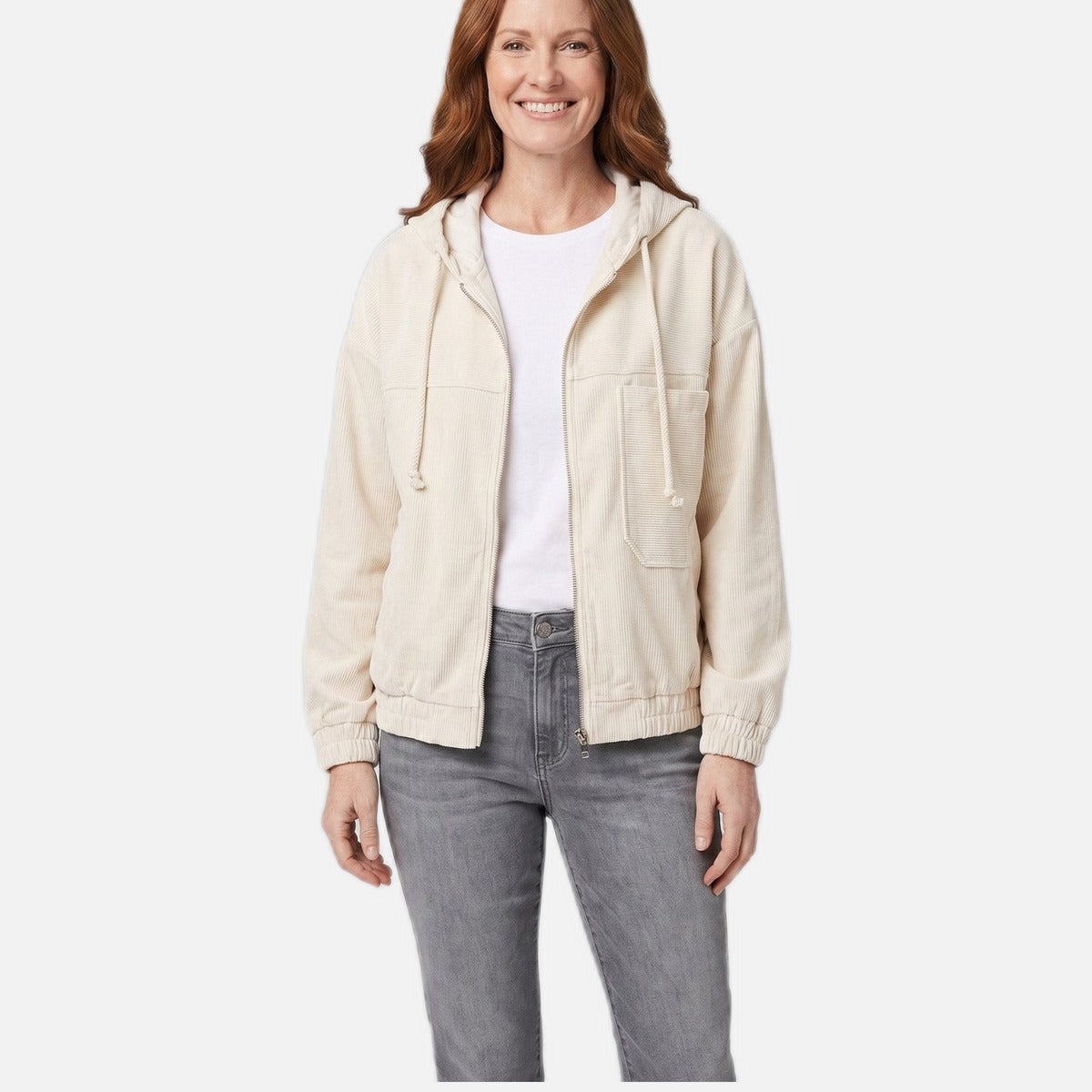 Women's Hooded Corduroy Jacket – Zip Front, Cream