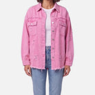 Women's Distressed Denim Shacket – Raw Hem, Oversized