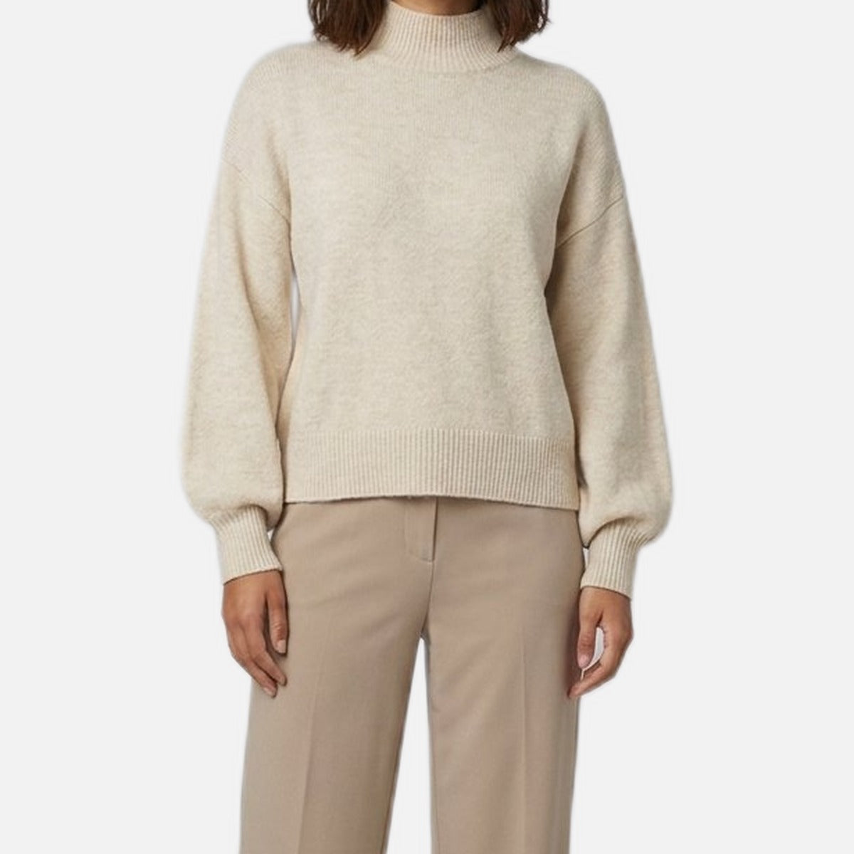 Women's Funnel Neck Sweater – Puff Sleeves, Brushed Knit