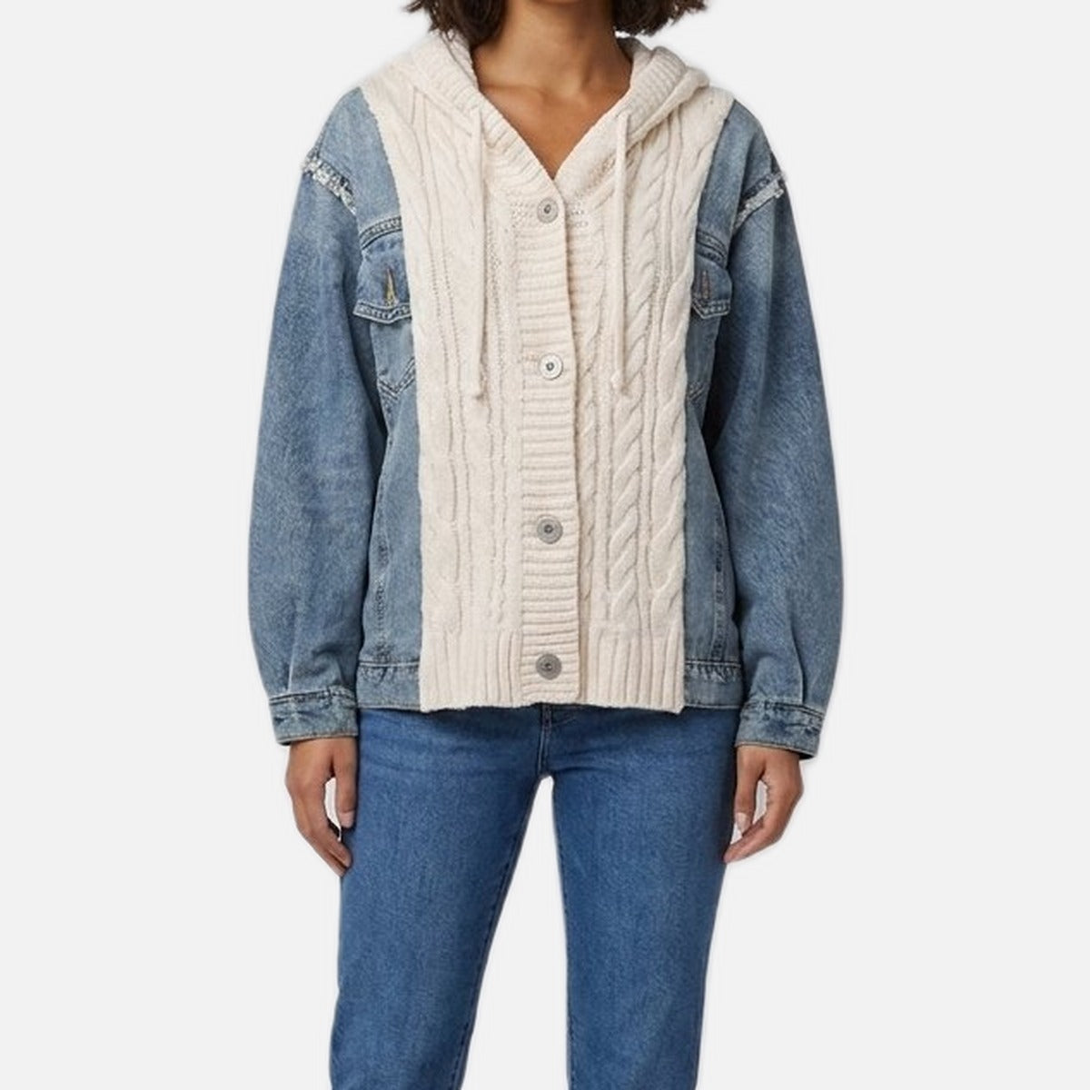 Women's Hooded Cable Cardigan – Denim Sleeves, Cream