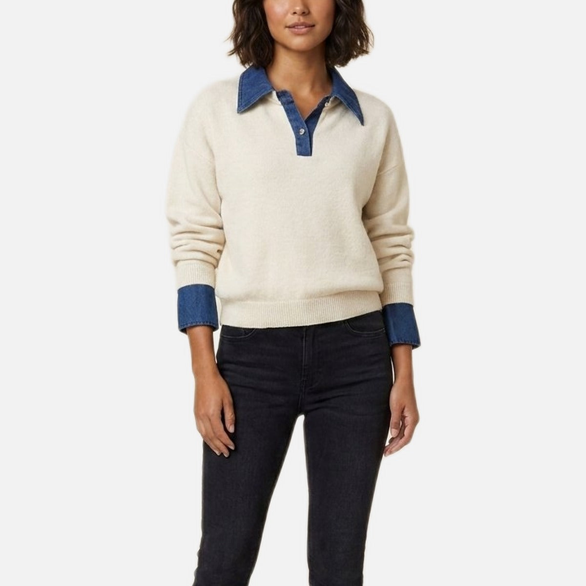 Women's Knit Polo Sweater – Contrast Collar and Cuffs