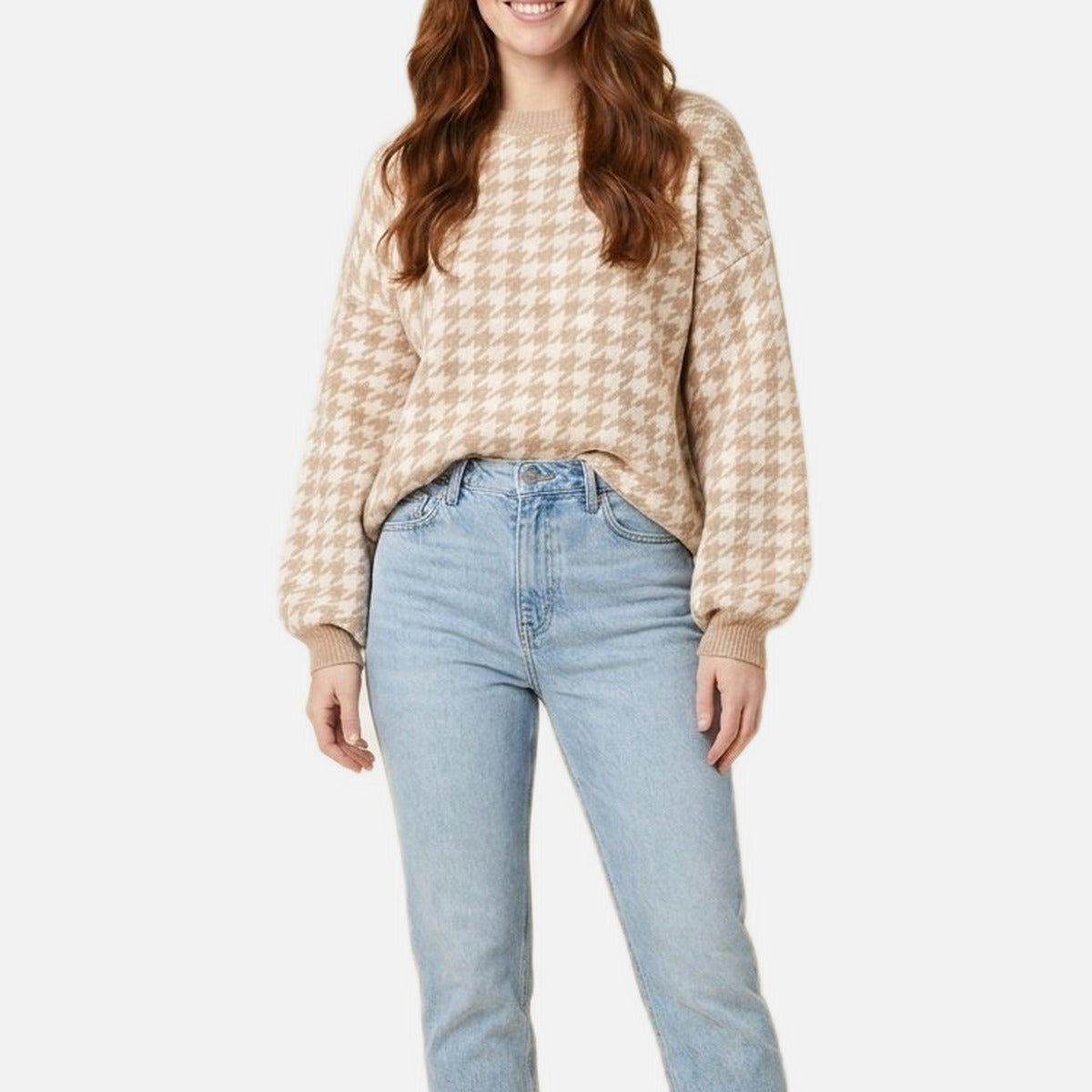 Women's Houndstooth Sweater – Cotton Blend, Bishop Sleeves