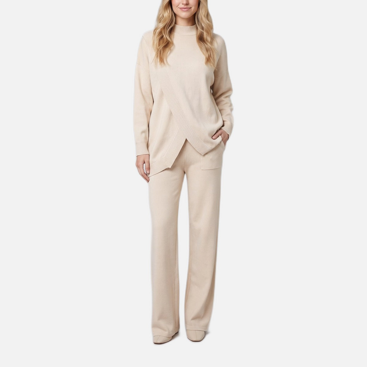 Women's Knit Co-Ord – Wrap-Hem Top, Wide-Leg Trousers
