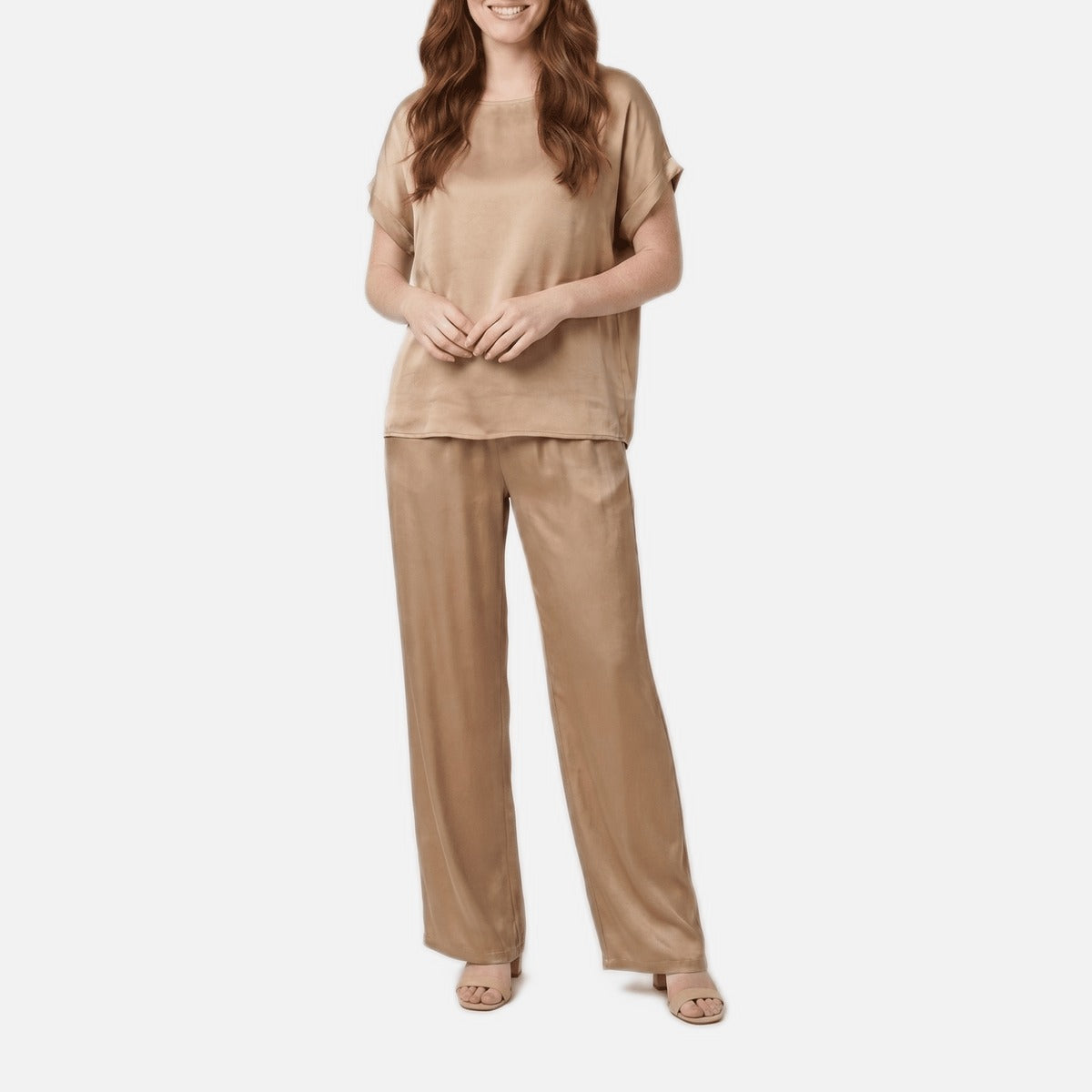 Women's Satin Co-Ord – Boxy Top, Wide-Leg Trousers