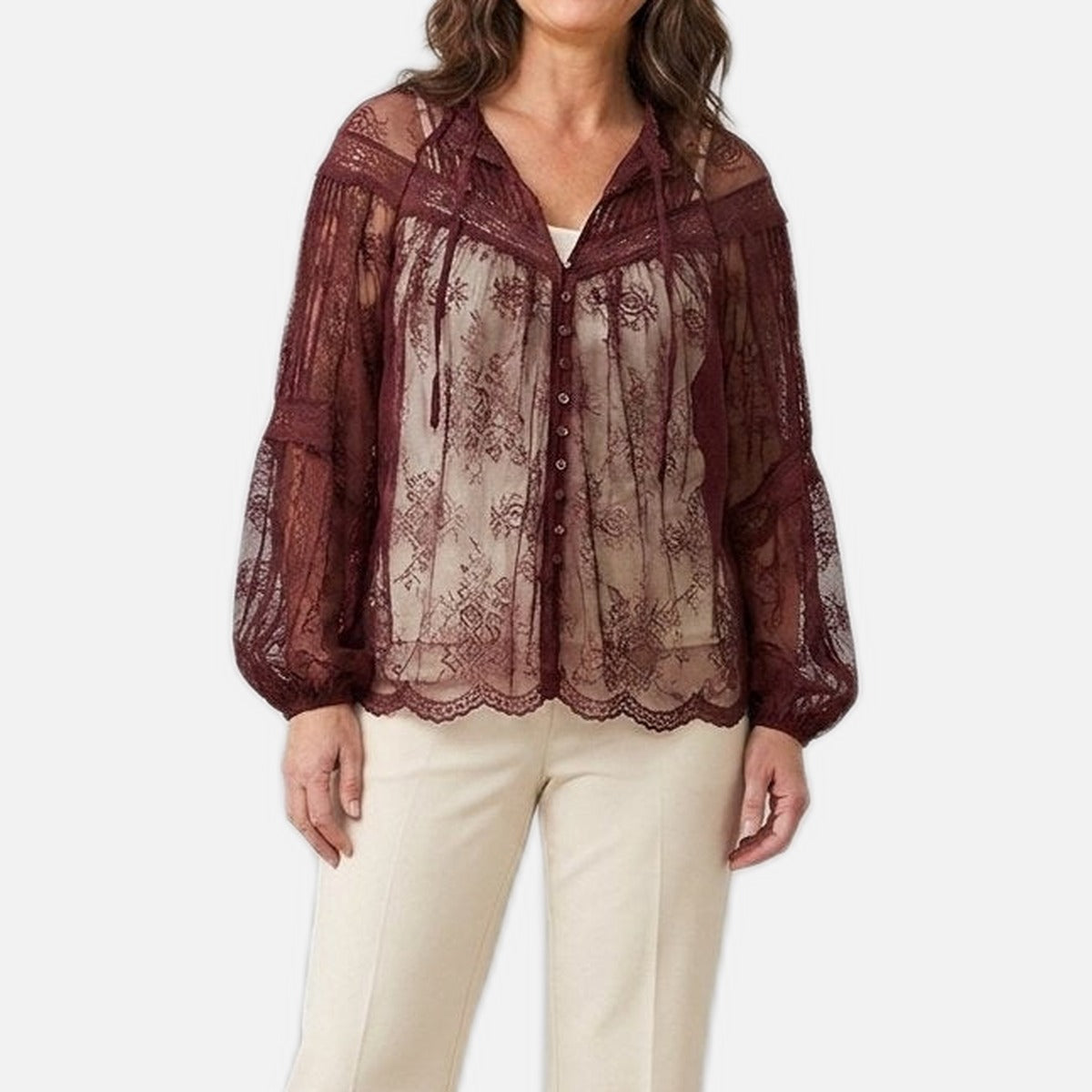 Women's Sheer Lace Blouse – Balloon Sleeves, Scalloped Hem