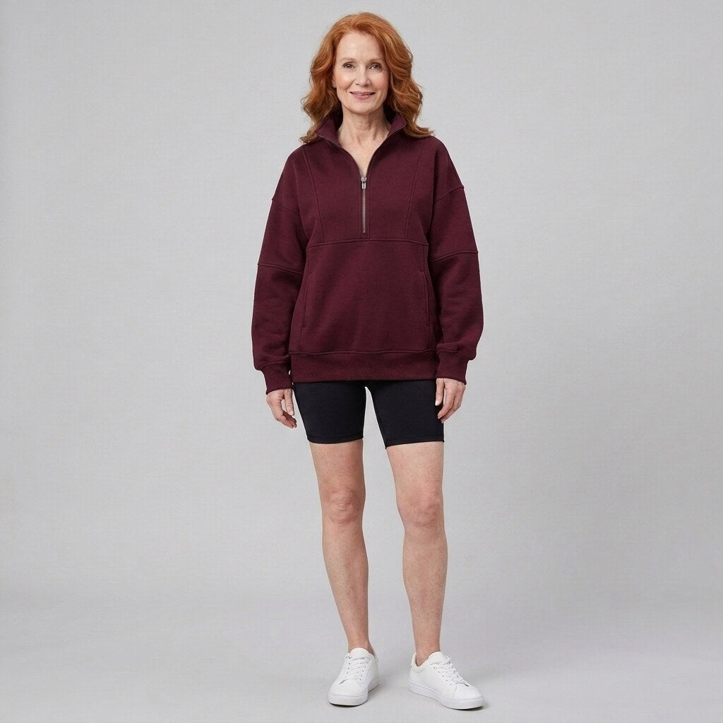 Paloma oversized half-zip sweatshirt in claret on model