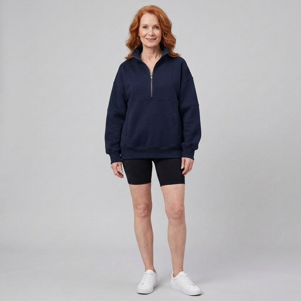 Paloma oversized half-zip sweatshirt in dark blue on model