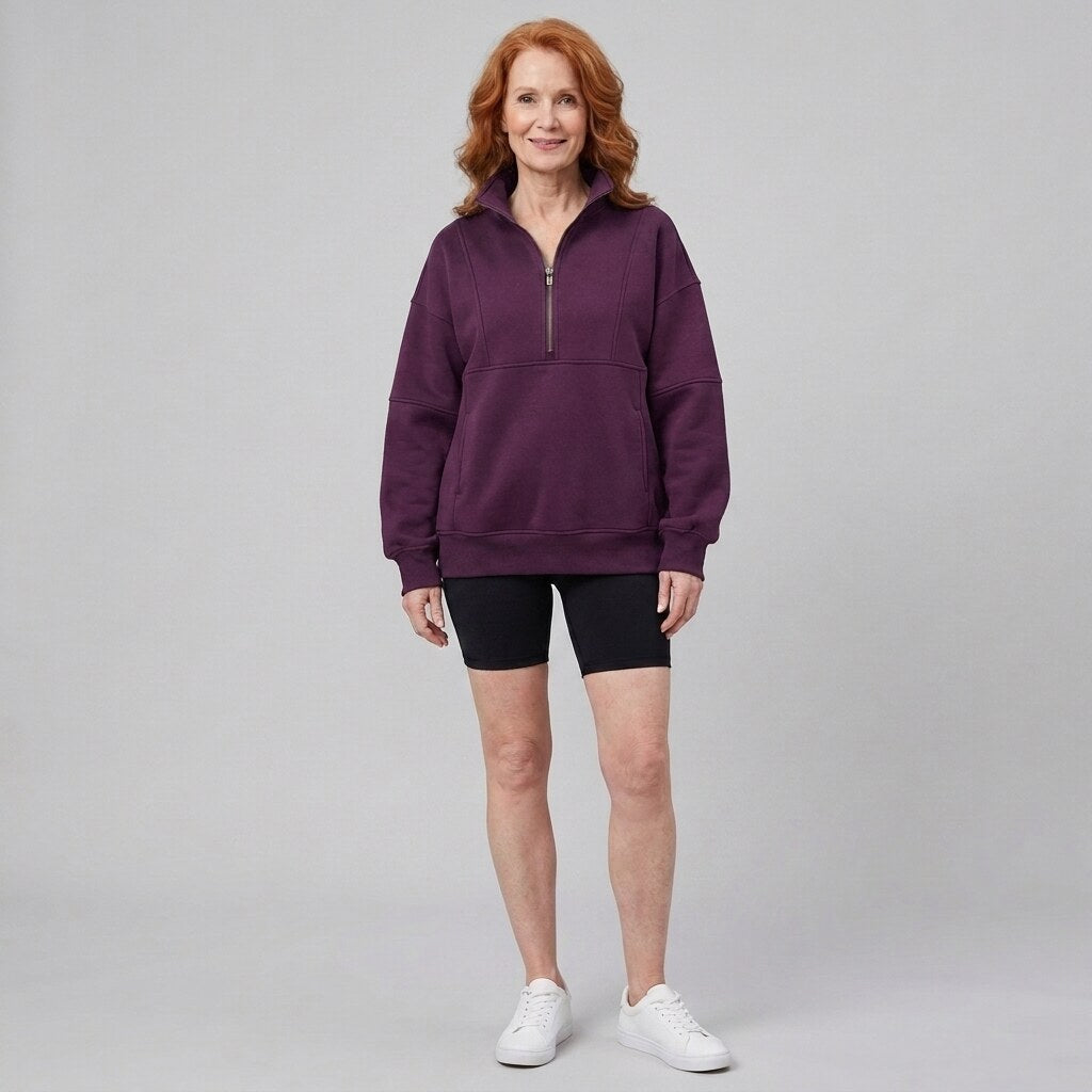 Paloma oversized half-zip sweatshirt in purple on model