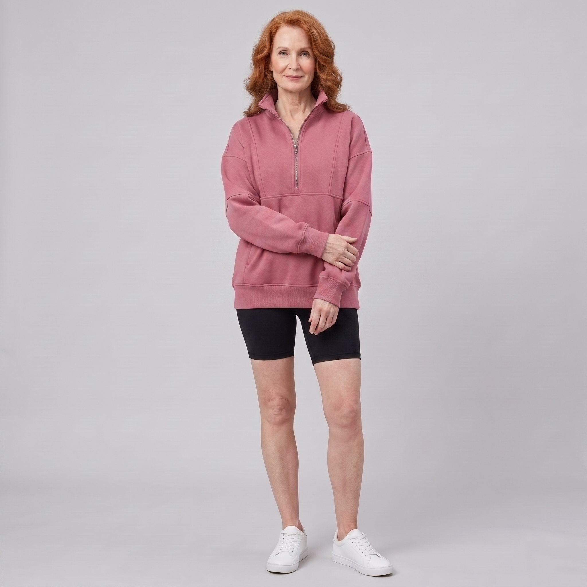 Paloma oversized half-zip sweatshirt in rose red on model