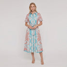 A-line collared midi dress with belt, front view on model