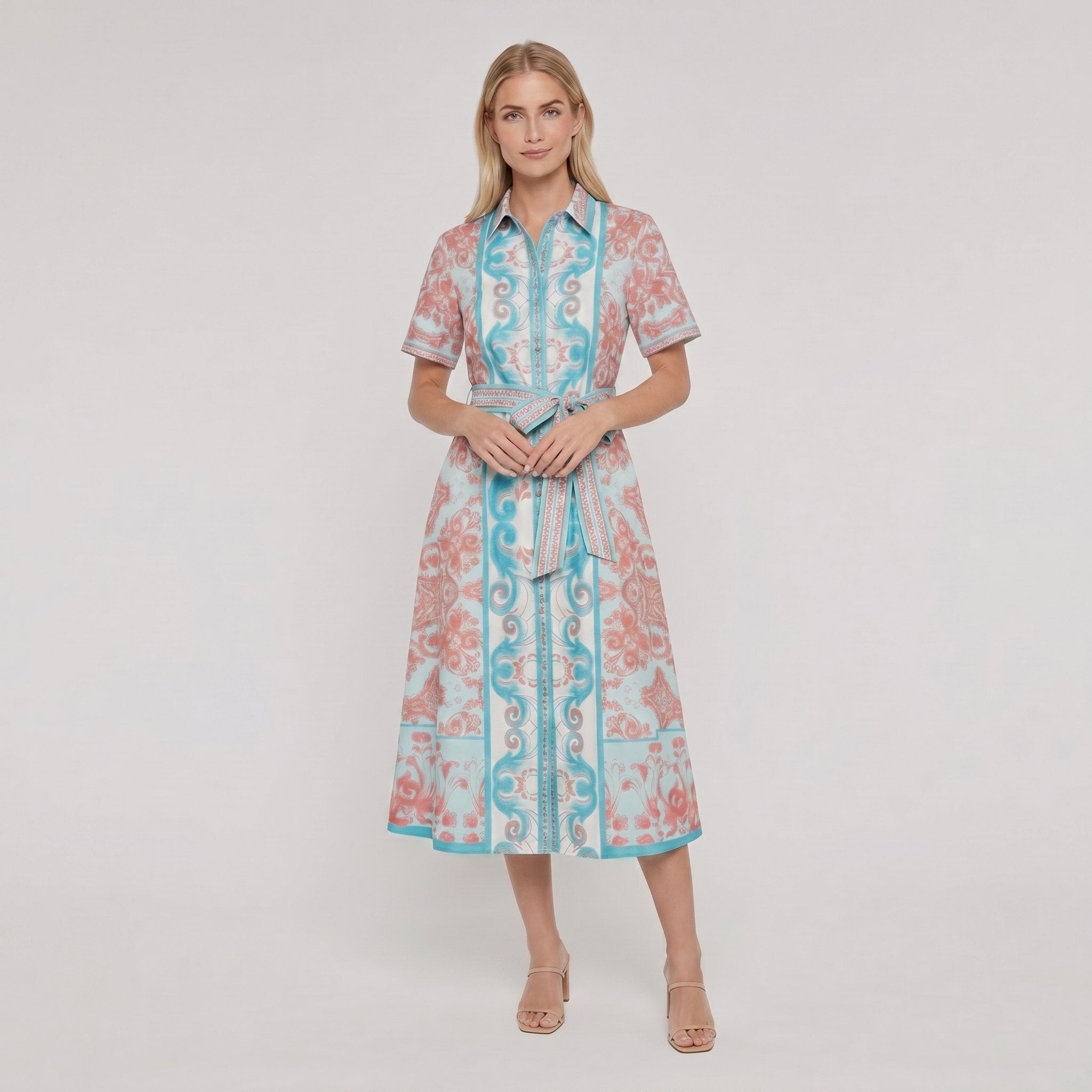 A-line collared midi dress with belt, front view on model