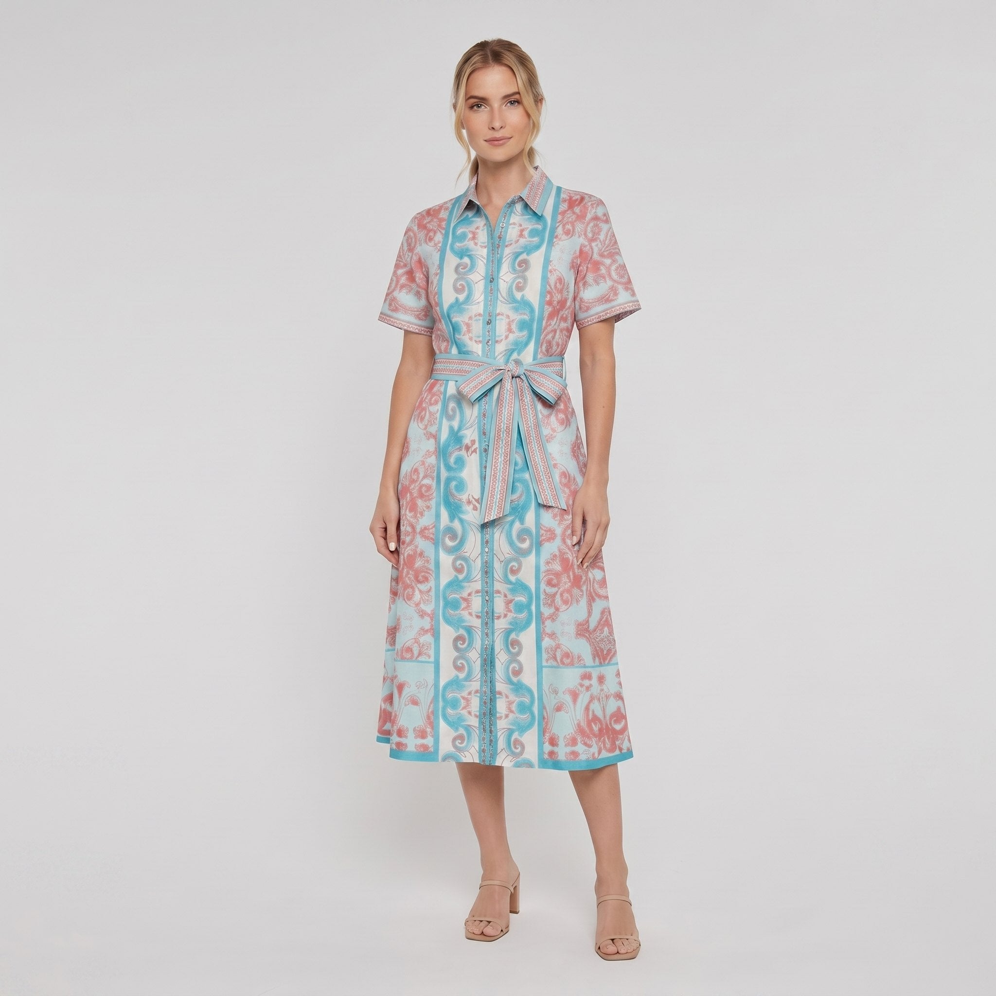 A-line collared midi dress, three-quarter view on model