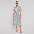 A-line collared midi dress, three-quarter view on model