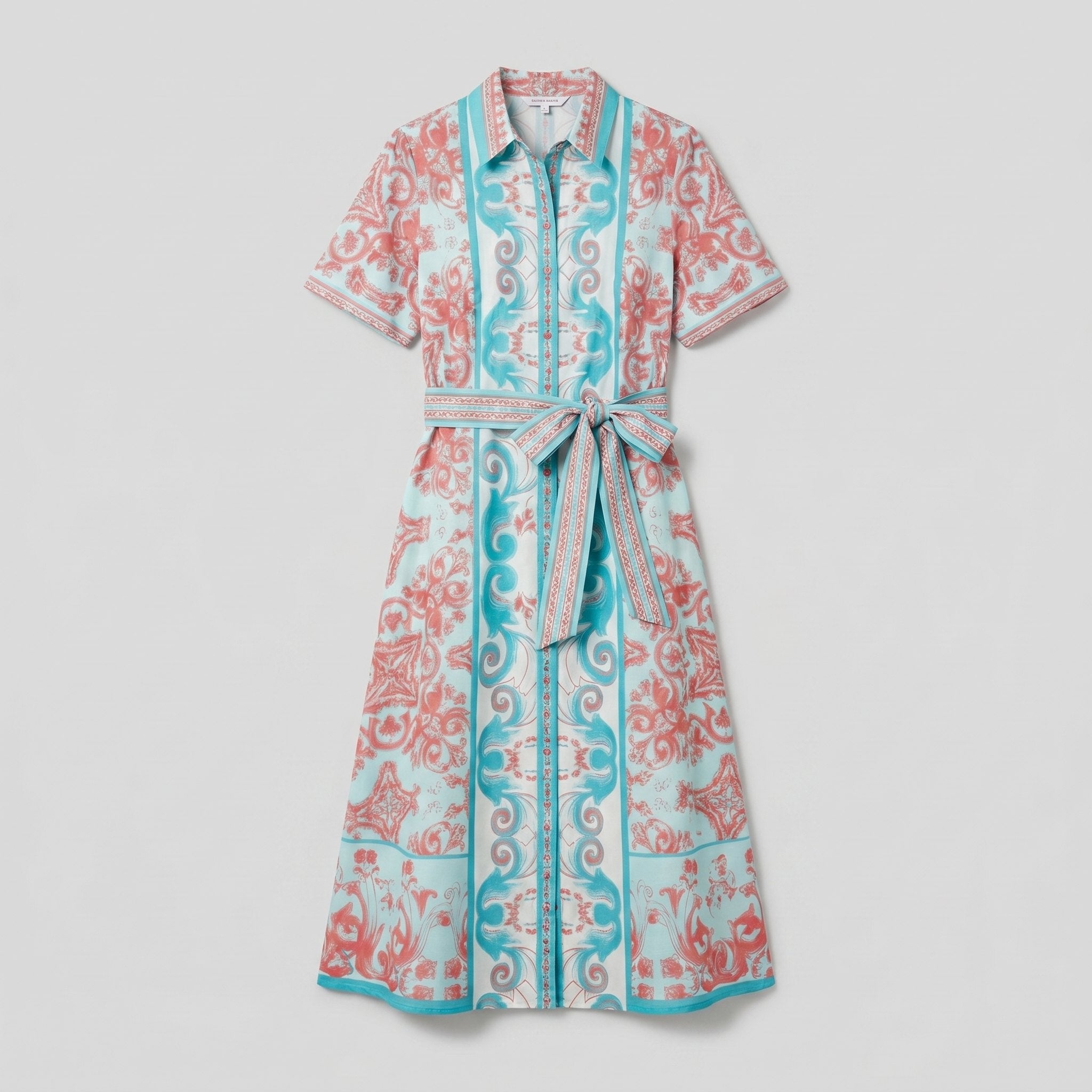 A-line collared midi dress with tie belt, product flat-lay