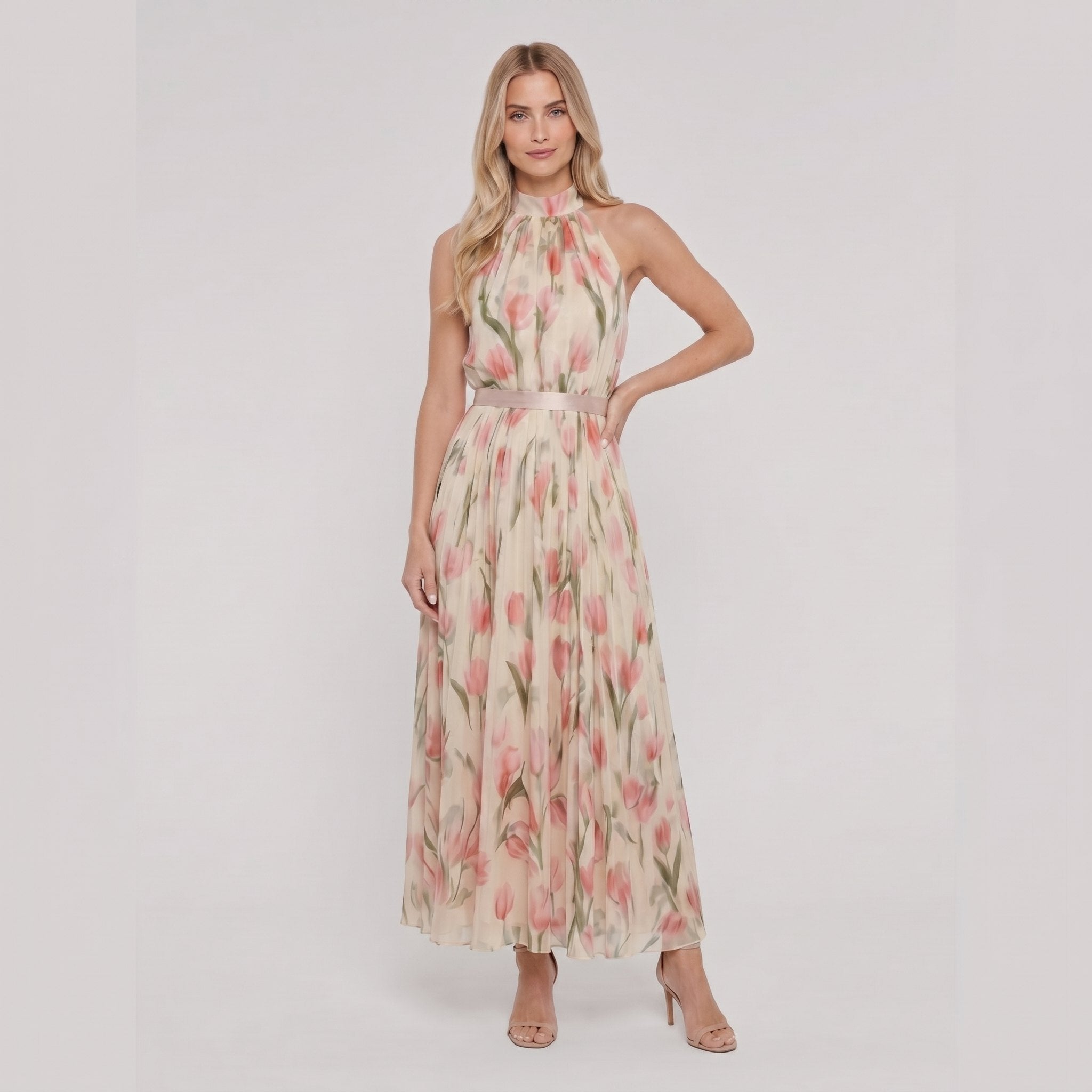 Aurelle floral halter midi dress, full length