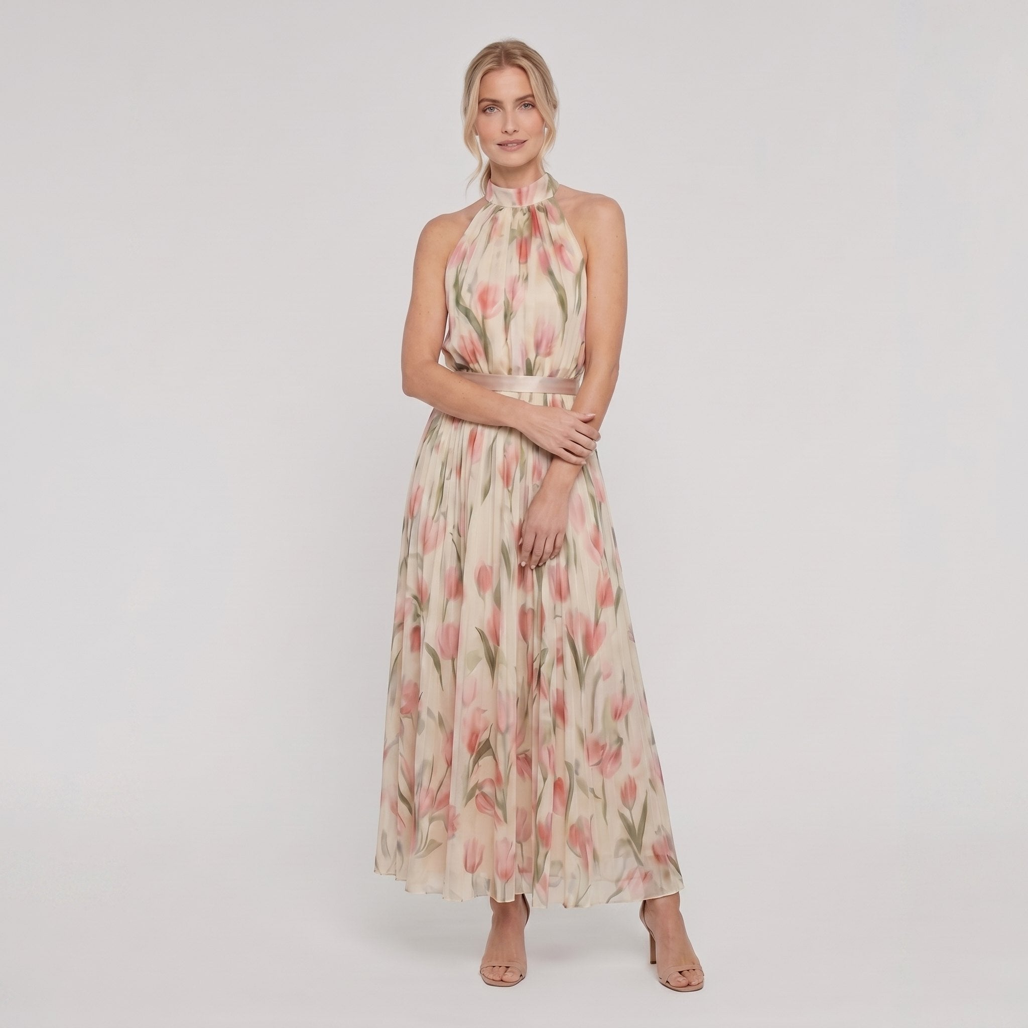 Aurelle floral halter midi dress, front view