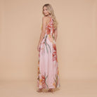 Pink floral halter maxi dress back view