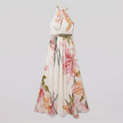 White floral halter maxi dress product flat lay