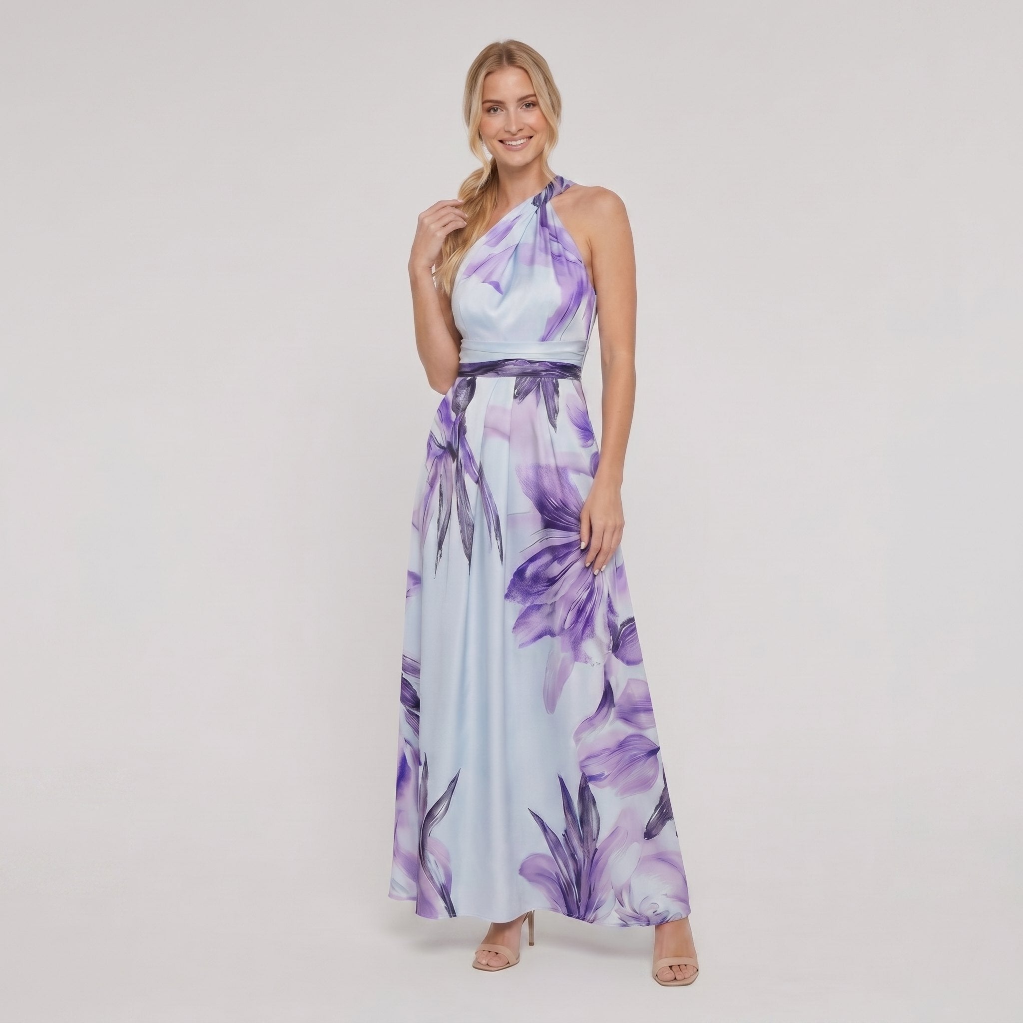Ava floral maxi dress in purple, halter neck, full length