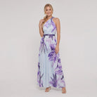 Ava floral maxi dress in purple, halter neck, full length
