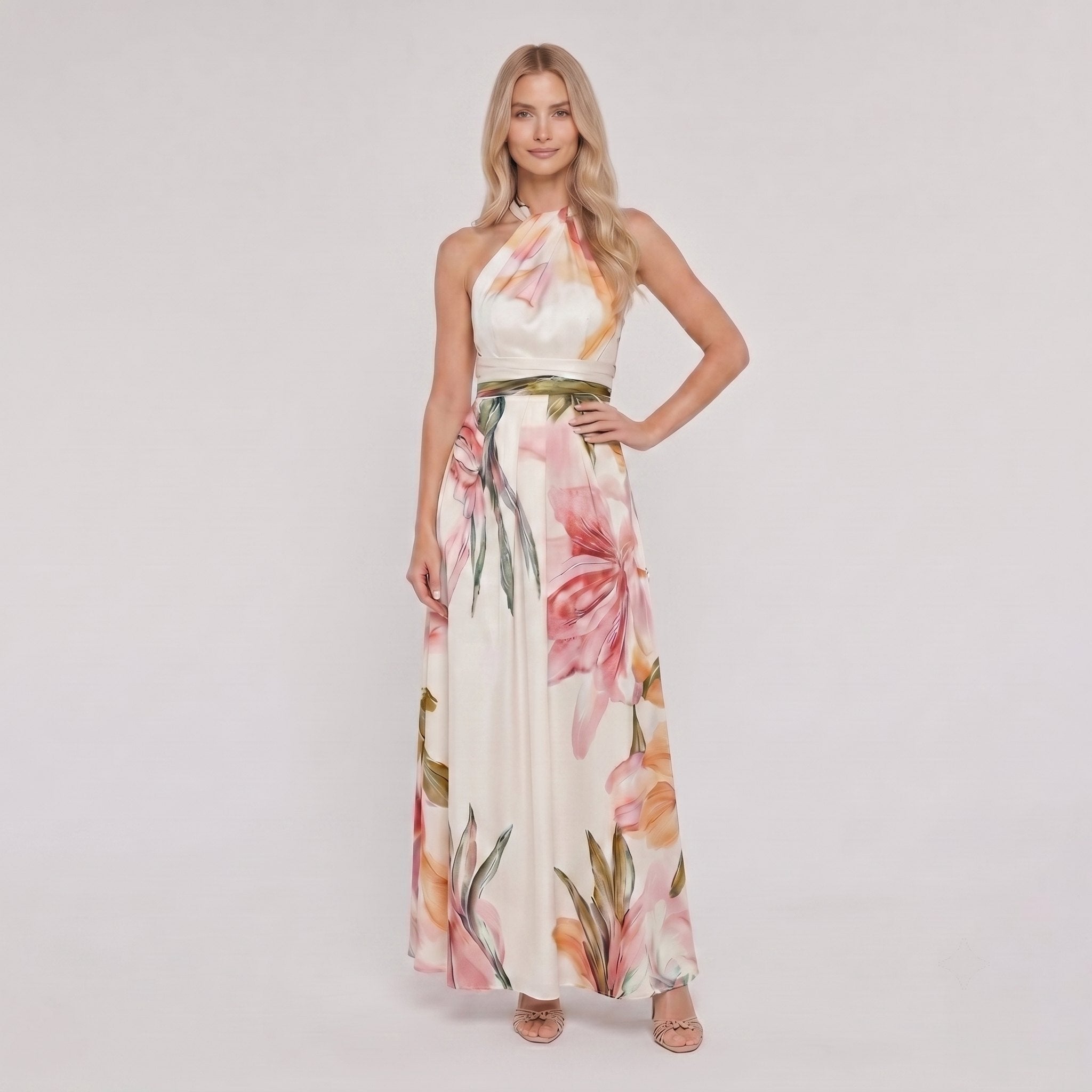 White floral halter maxi dress front view