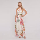 White floral halter maxi dress front view