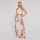 Ava floral maxi dress in white, halter neck, full length