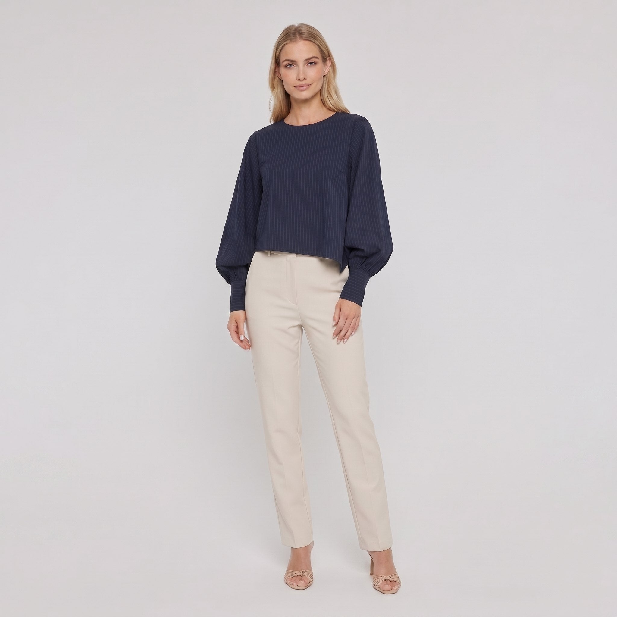 Pamela Boutique navy batwing ribbed crop top, model view