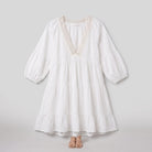 White cotton-linen tiered lace V-neck mini dress, product flat-lay