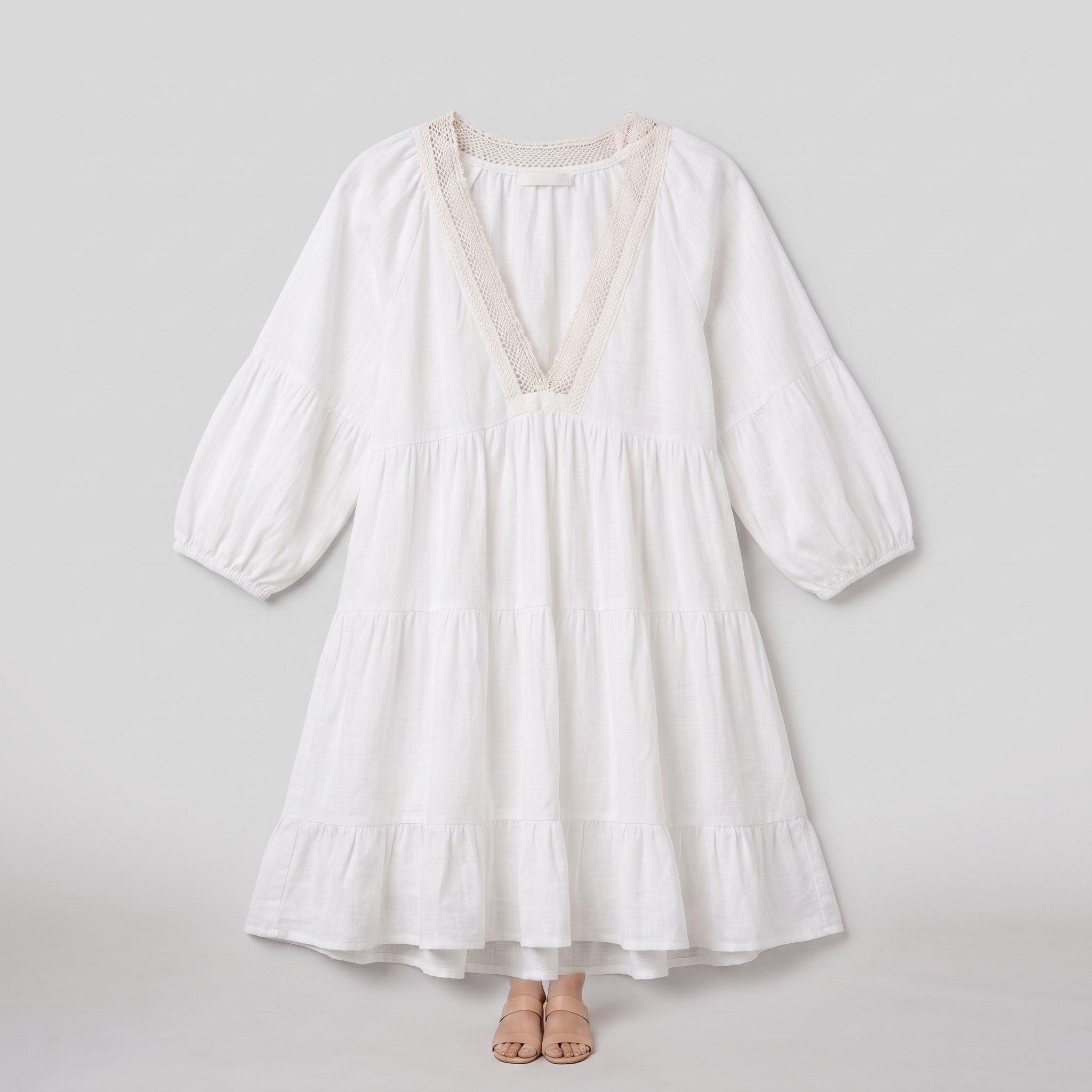 White cotton-linen tiered lace V-neck mini dress, product flat-lay