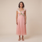 Blaze Cloud Dress in pink chiffon with lace embroidery, model front view — front