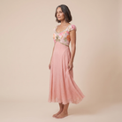 Blaze Cloud Dress in pink chiffon, model three-quarter side view — side